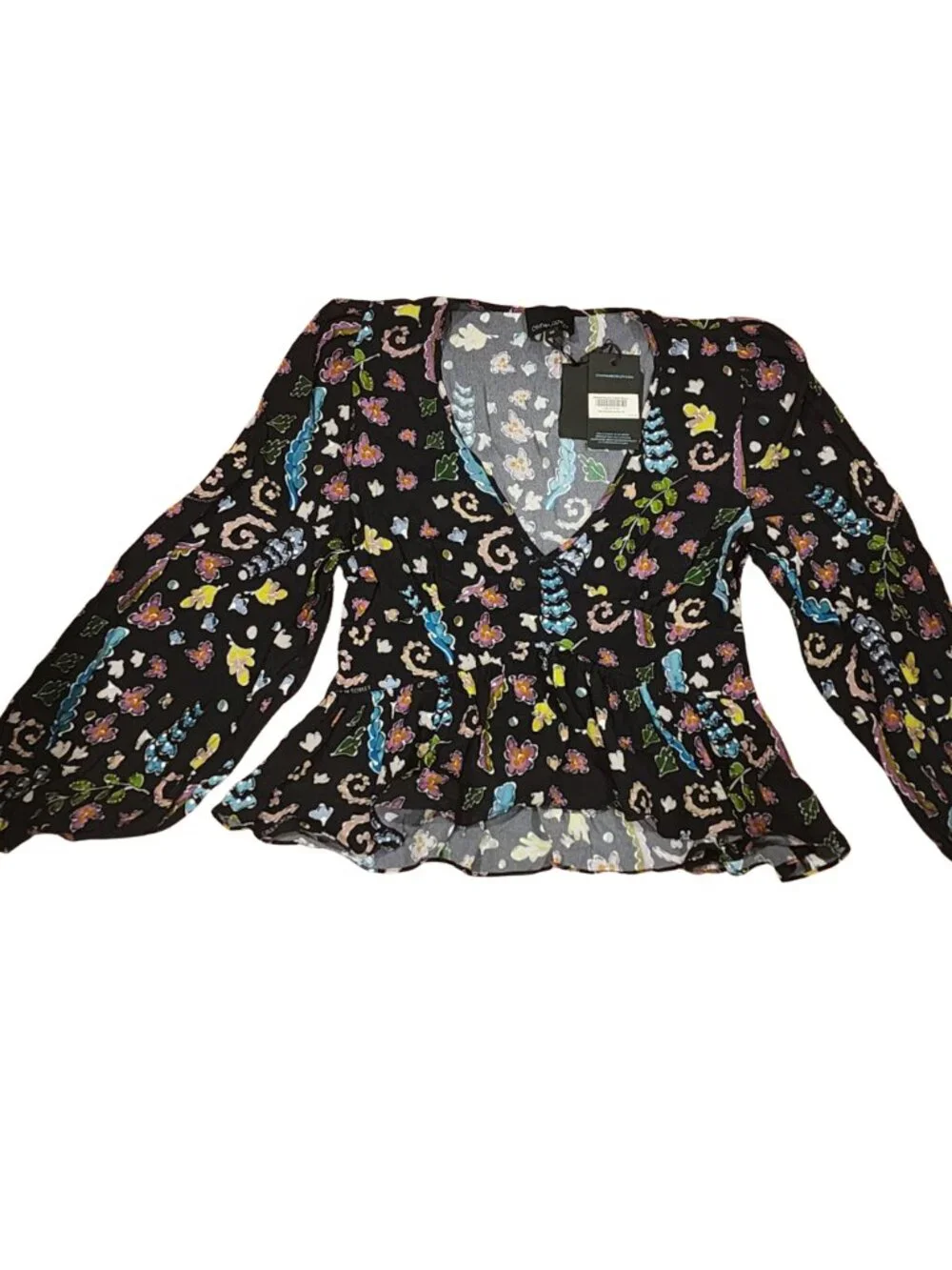 NWT CYNTHIA ROWLEY Women Blouse Black Printed Viscose V-Neck Peplum - Size 10